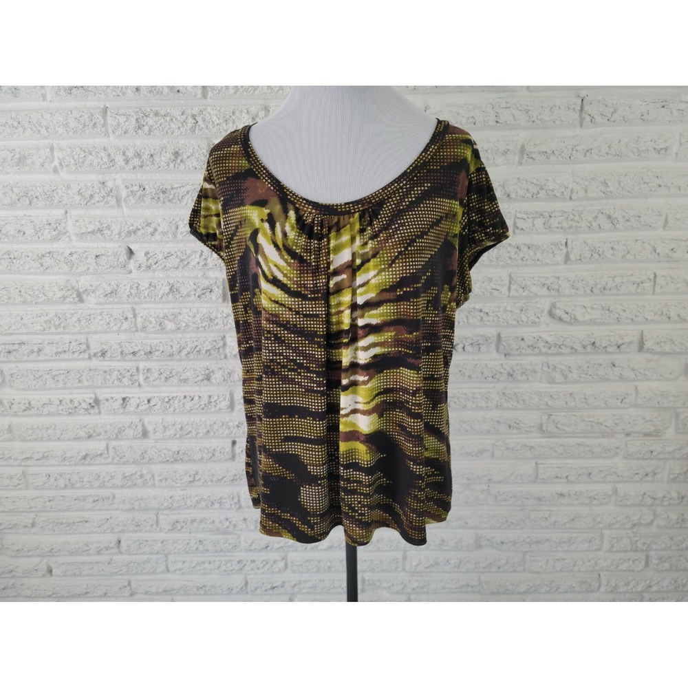 Worthington Women's 1X Plus Brown Geometric Pleated Cap Sleeve Blouse Top